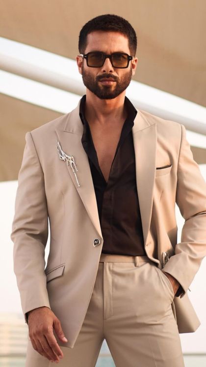 Beige tailored suit, editorial menswear