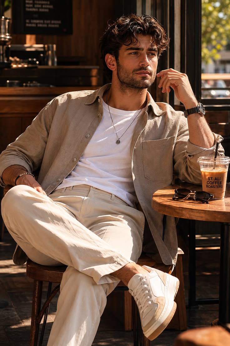 Linen shirt and chinos, coffee-hour ease