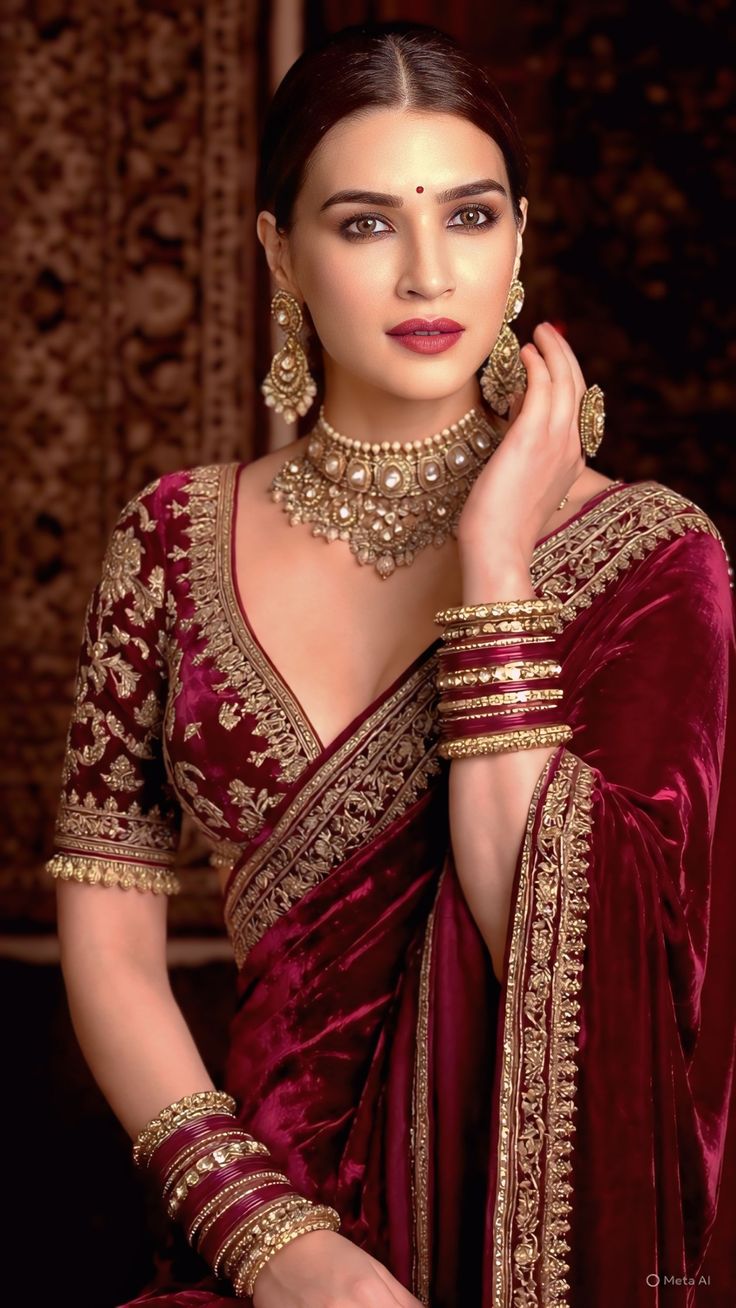 Maroon velvet saree with heirloom jewellery