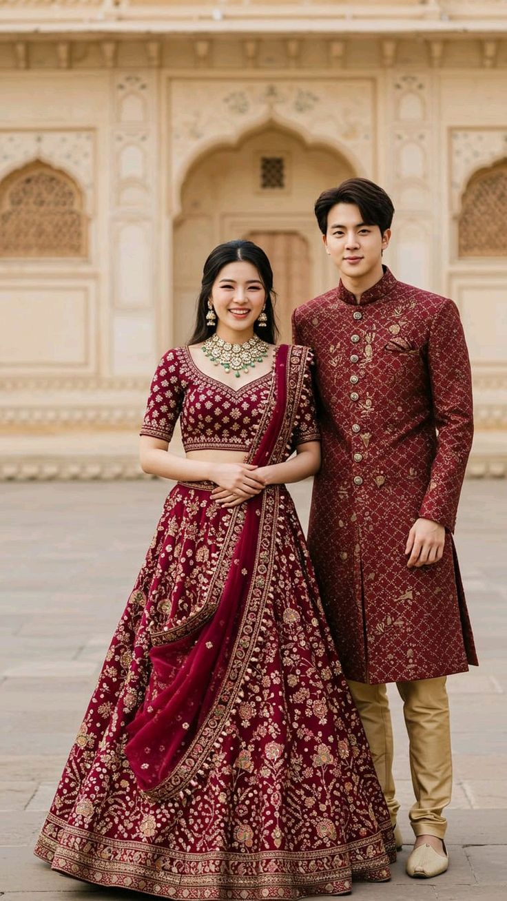 Bridal couple in maroon at a palace courtyard