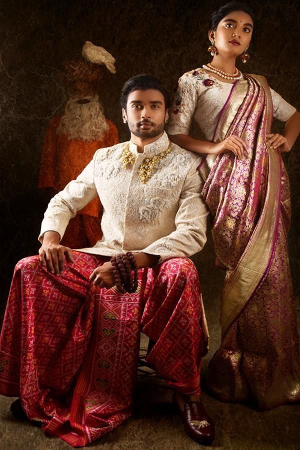 Ivory sherwani and Banarasi saree portrait