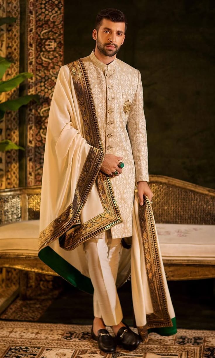 Ivory sherwani with brocade dupatta